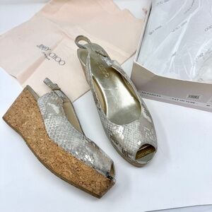 JIMMY CHOO Wedge Platform Sandals Suede Animal Print Slingback